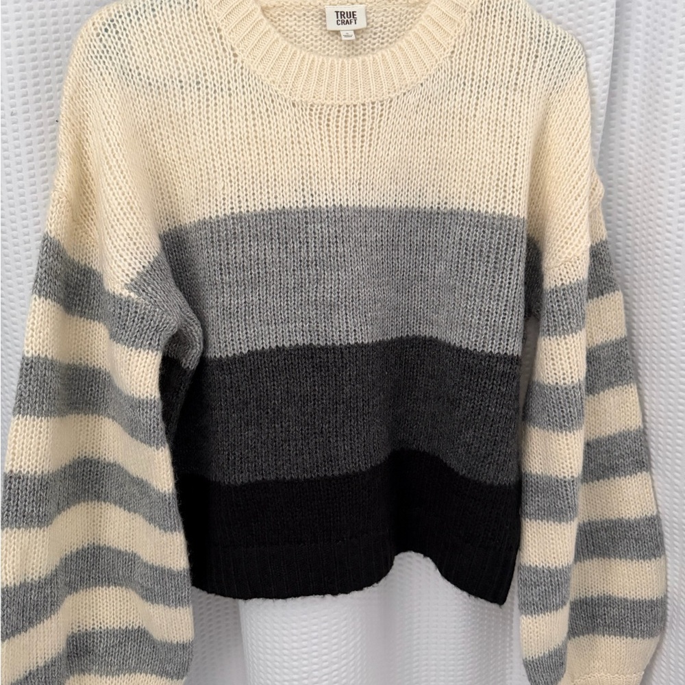 True Craft Women's Striped Sweater - Cream, Gray, and Black